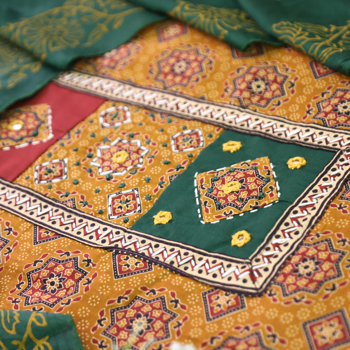 Mayuri Dijon Yellow Applique Patch Ajrakh Printed Cotton Set