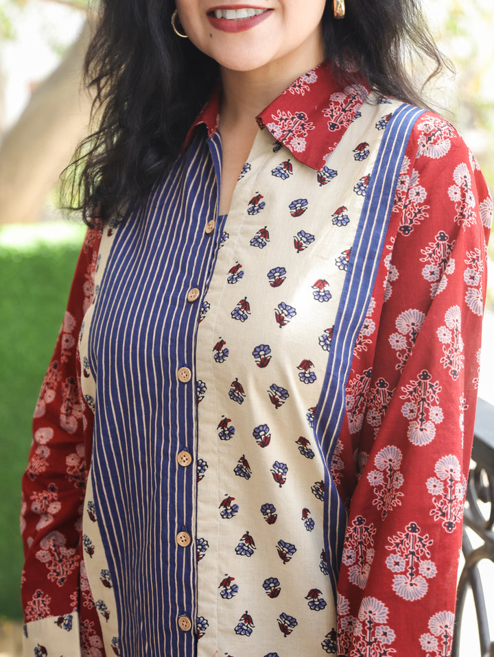 Meera Maroon Red Ajrak Cotton Shirt