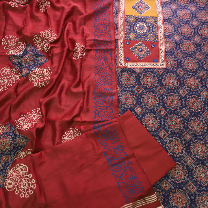 Mayuri Indigo Blue Applique Patch Ajrakh Printed Cotton Set