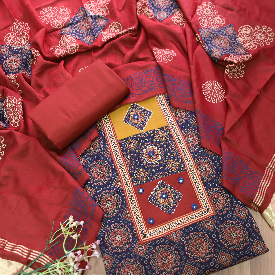 Mayuri Indigo Blue Applique Patch Ajrakh Printed Cotton Set