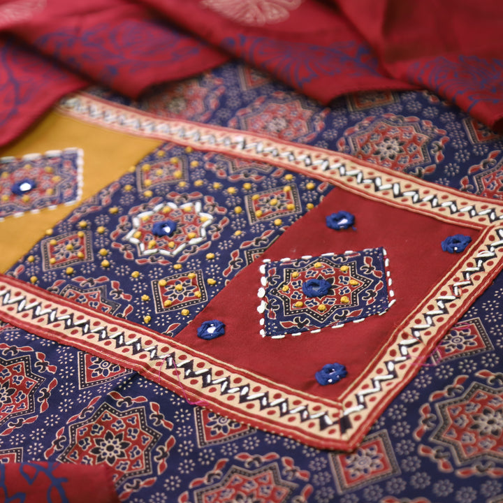 Mayuri Indigo Blue Applique Patch Ajrakh Printed Cotton Set