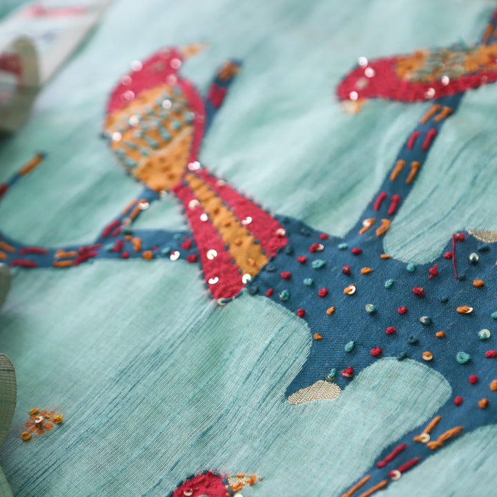 Ambarsari Blue French Knot Bird Embroidered Work Linen Set