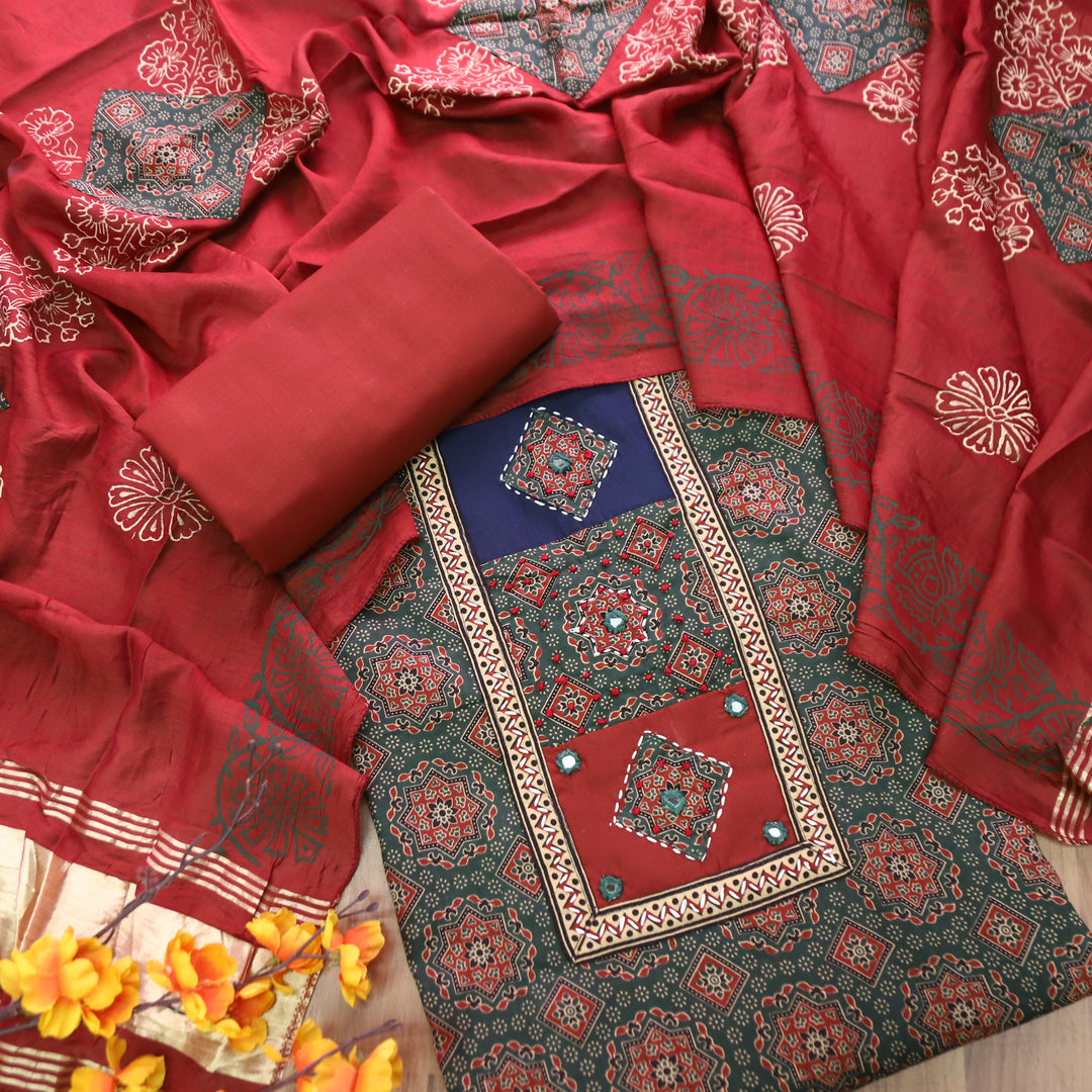 Mayuri Grass Green Applique Patch Ajrakh Printed Cotton Set