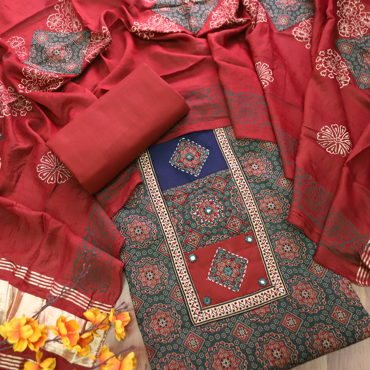 Mayuri Grass Green Applique Patch Ajrakh Printed Cotton Set