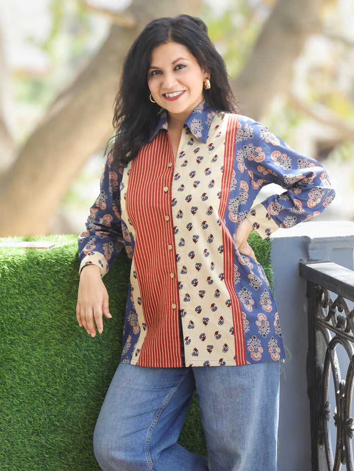 Meera Denim Blue Ajrak Cotton Shirt