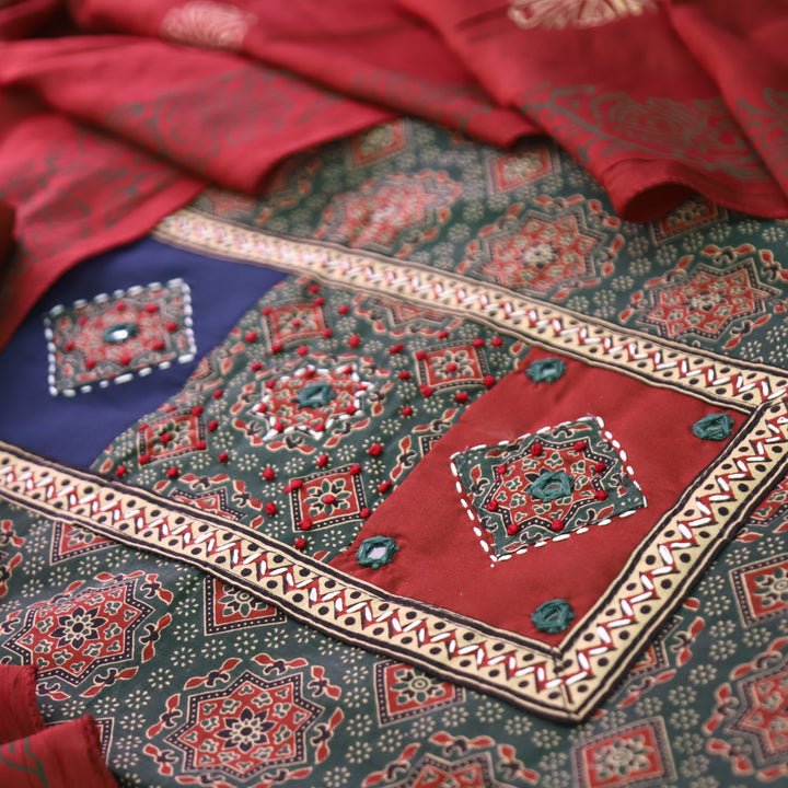Mayuri Grass Green Applique Patch Ajrakh Printed Cotton Set