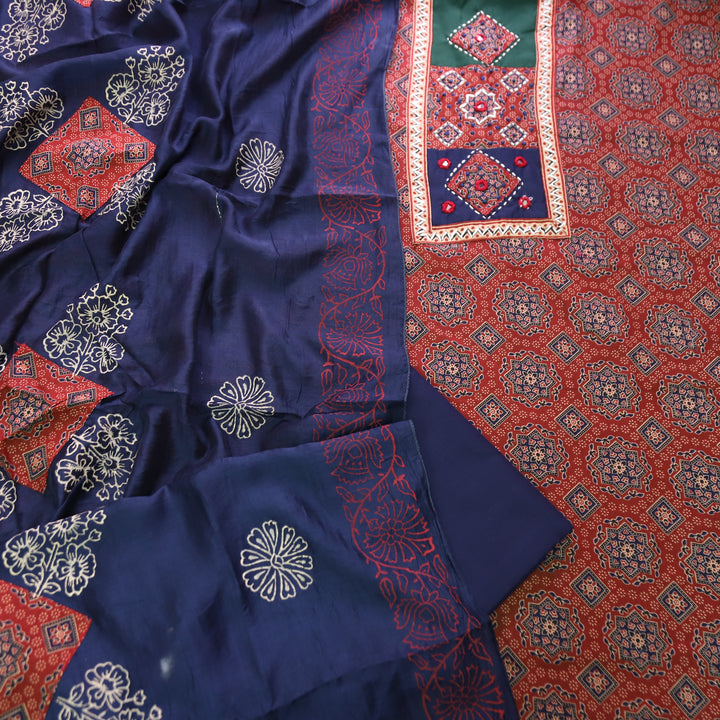 Mayuri Barn Red Applique Patch Ajrakh Printed Cotton Set