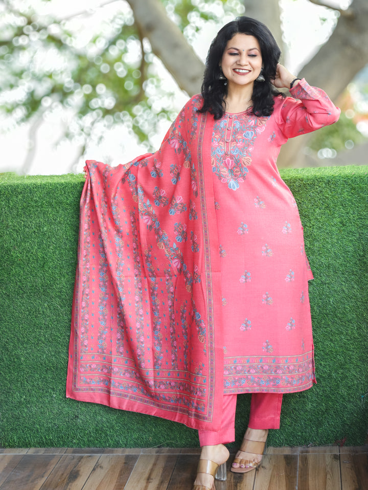 Saloni Coral Blush Round Button Neck Digital Kashida Print Semi Pashmina 3 Piece Set