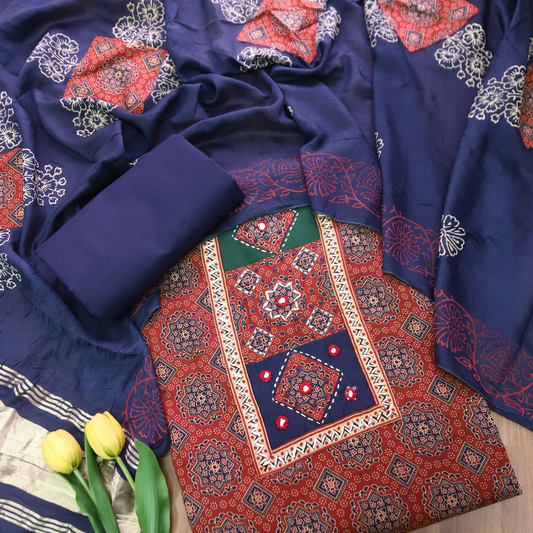 Mayuri Barn Red Applique Patch Ajrakh Printed Cotton Set