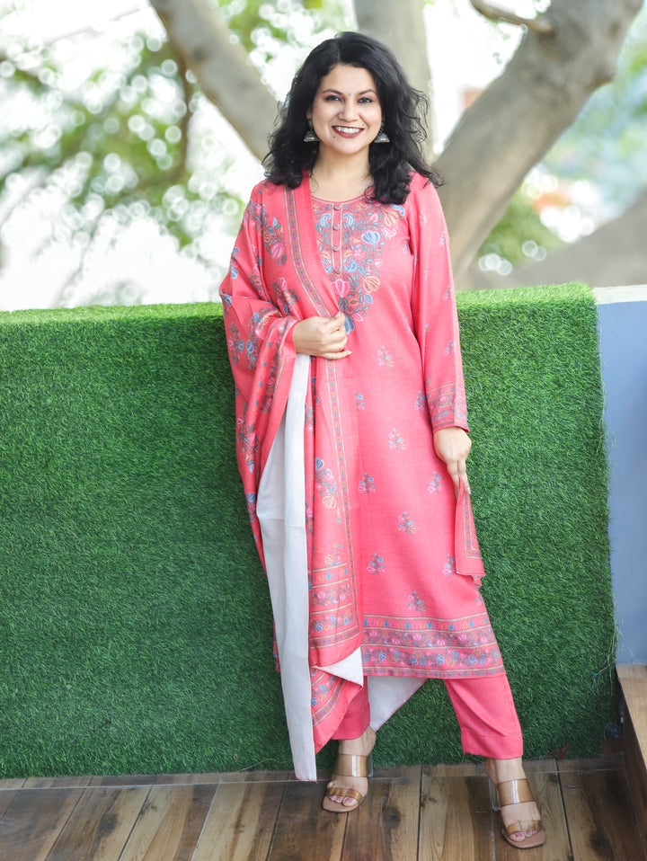 Saloni Coral Blush Round Button Neck Digital Kashida Print Semi Pashmina 3 Piece Set