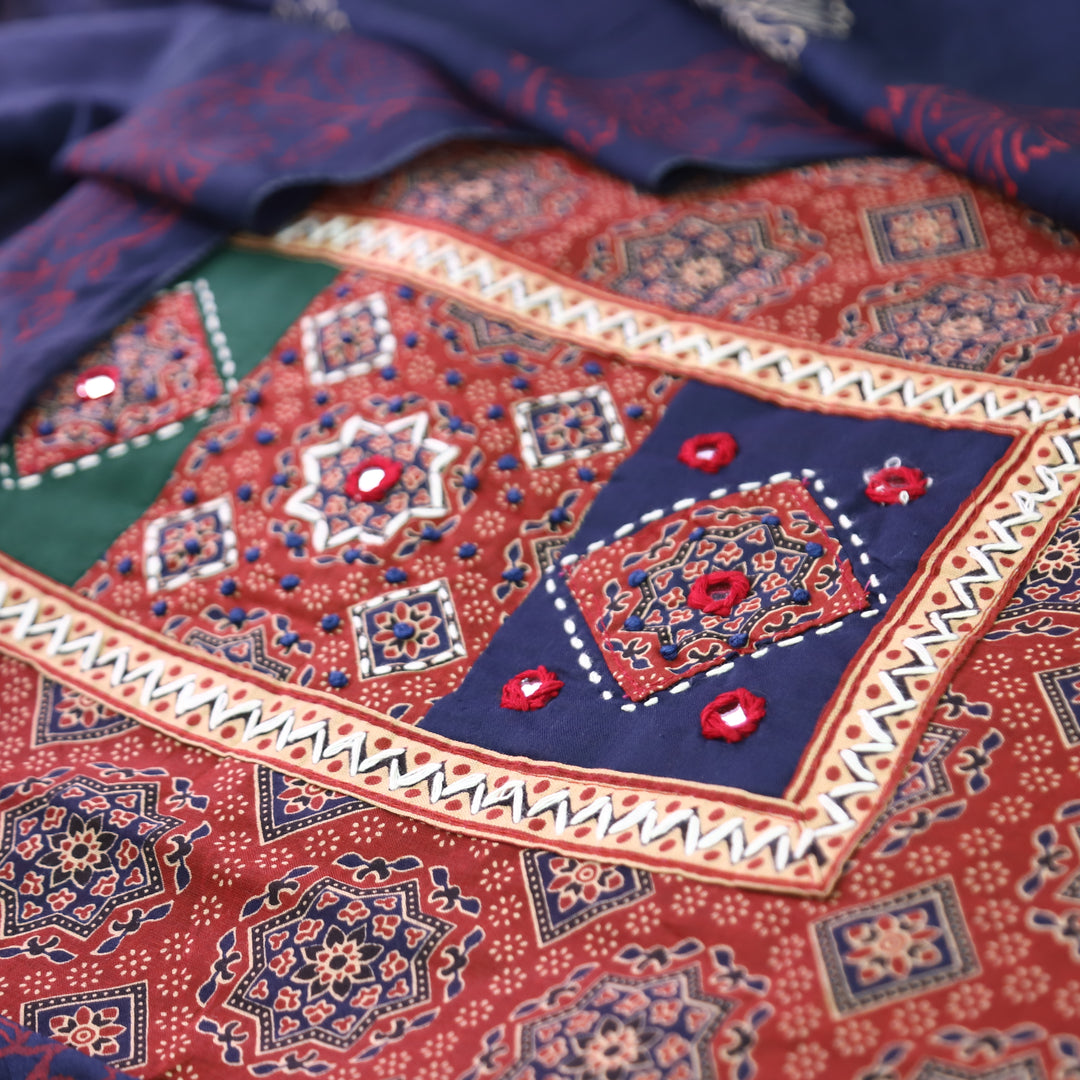 Mayuri Barn Red Applique Patch Ajrakh Printed Cotton Set