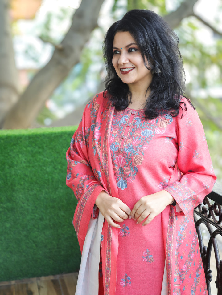 Saloni Coral Blush Round Button Neck Digital Kashida Print Semi Pashmina 3 Piece Set