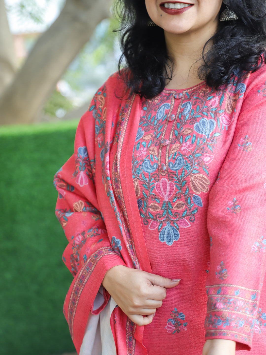 Saloni Coral Blush Round Button Neck Digital Kashida Print Semi Pashmina 3 Piece Set
