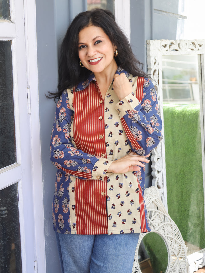 Meera Denim Blue Ajrak Cotton Shirt