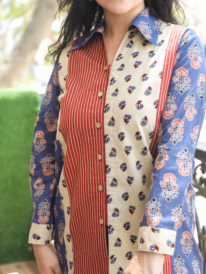 Meera Denim Blue Ajrak Cotton Shirt