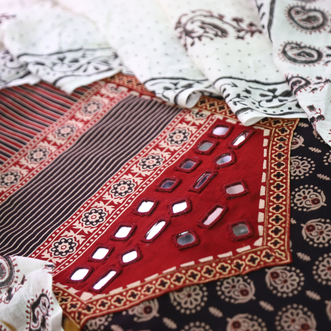 Tejasvi Onxy Black Mirror Kutch Work Ajrakh Printed Cotton Set