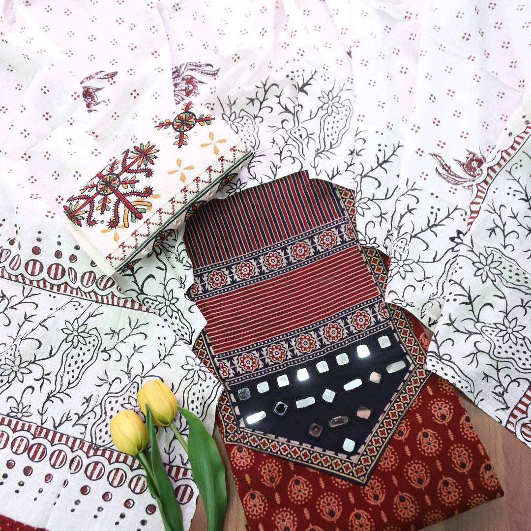 Tejasvi Maroon Red Mirror Kutch Work Ajrakh Printed Cotton Set
