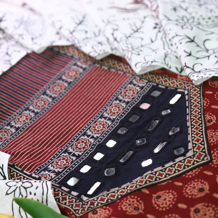 Tejasvi Maroon Red Mirror Kutch Work Ajrakh Printed Cotton Set