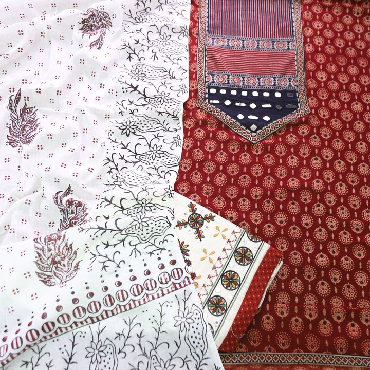 Tejasvi Maroon Red Mirror Kutch Work Ajrakh Printed Cotton Set