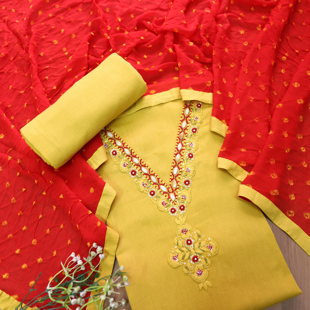 Blissta Dandelion Yellow V Neck Thread Work Cotton Set