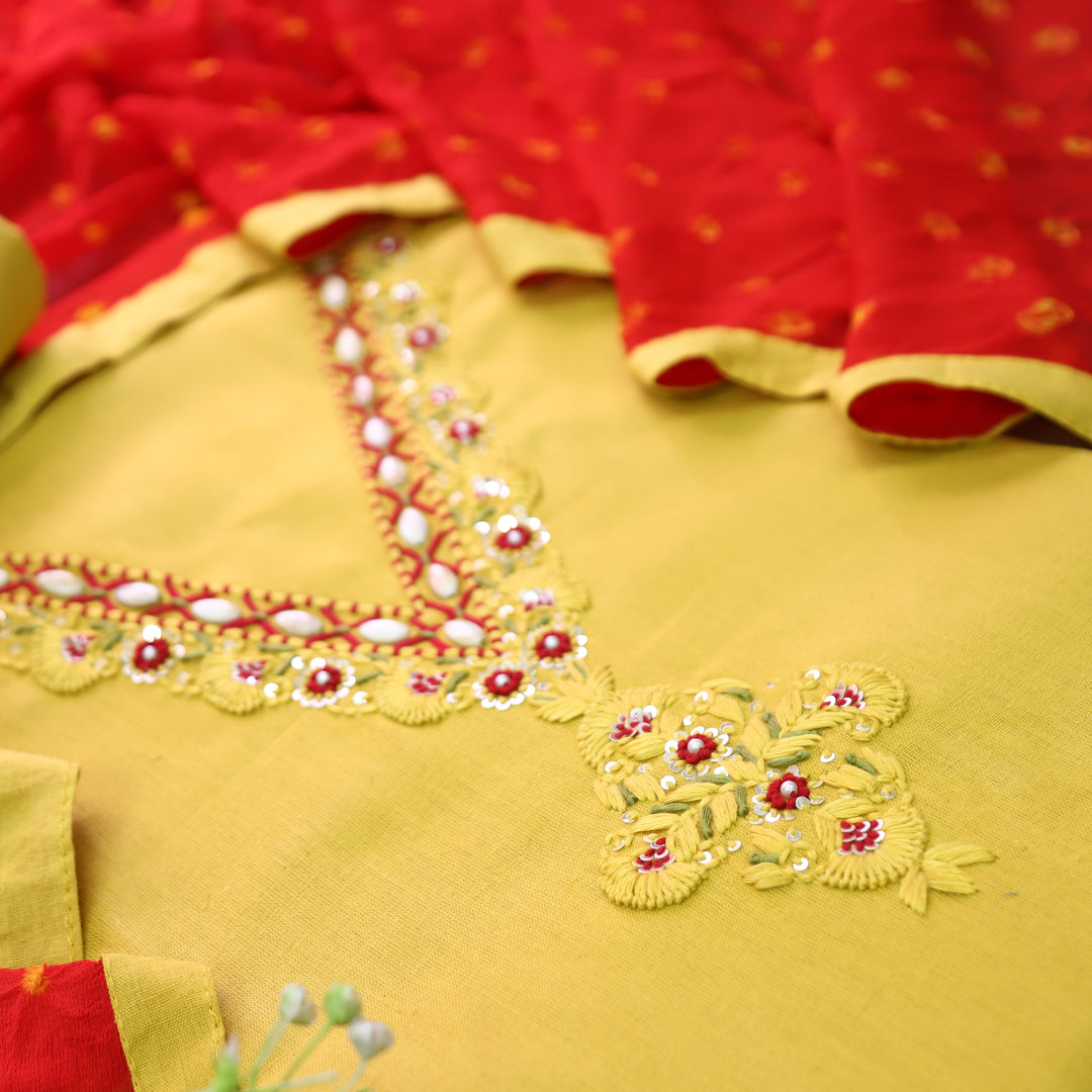 Blissta Dandelion Yellow V Neck Thread Work Cotton Set