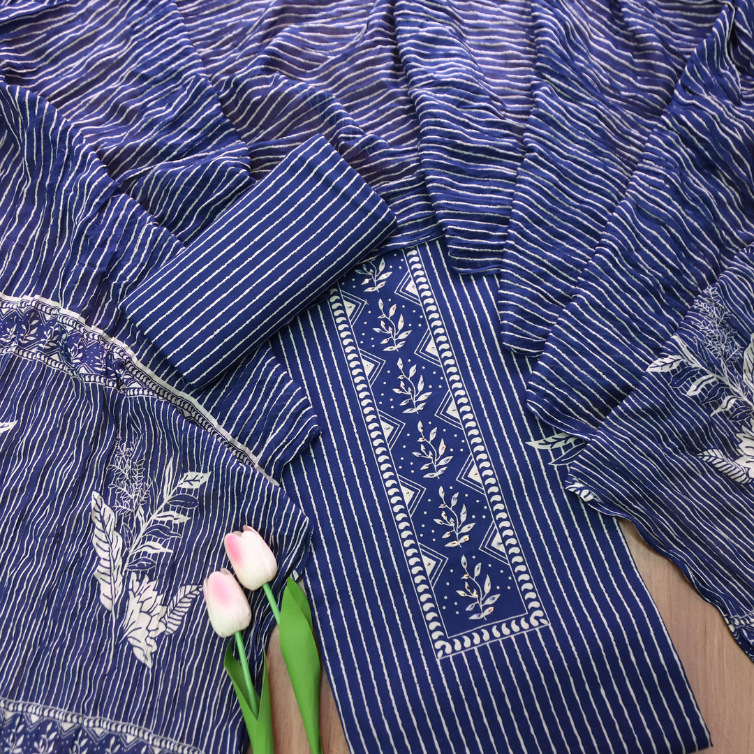 Haseena Blue Digital Floral Printed with Sequine Work Cotton Set