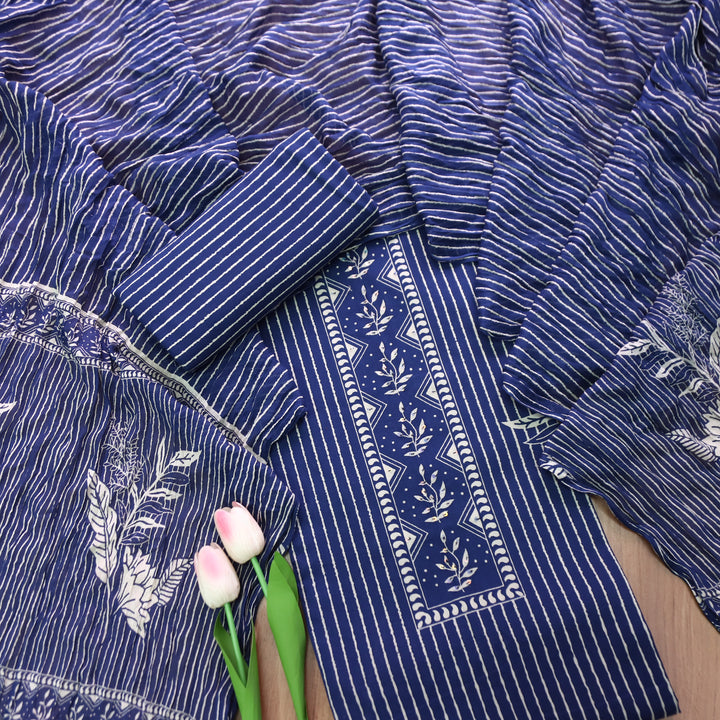 Haseena Blue Digital Floral Printed with Sequine Work Cotton Set