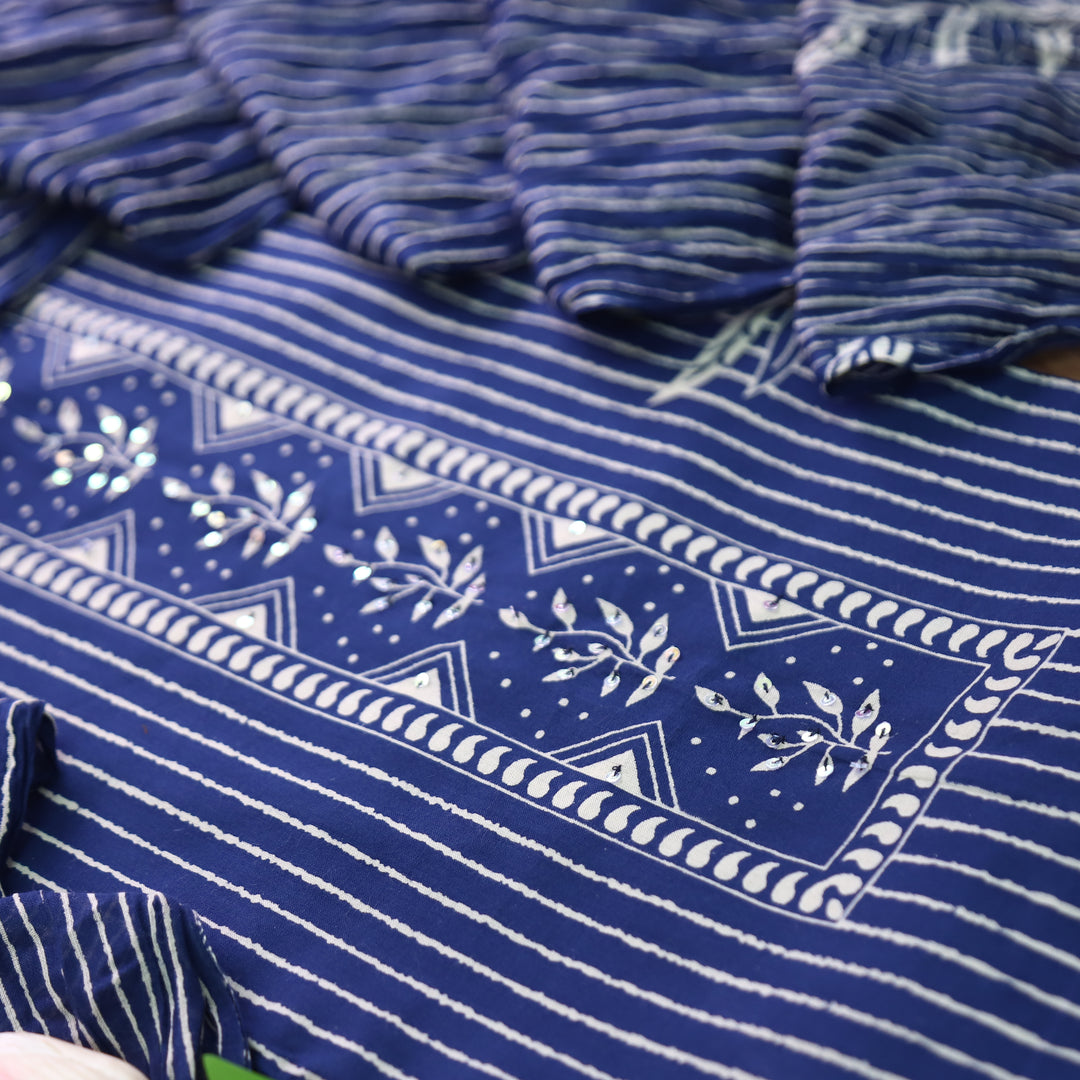 Haseena Blue Digital Floral Printed with Sequine Work Cotton Set
