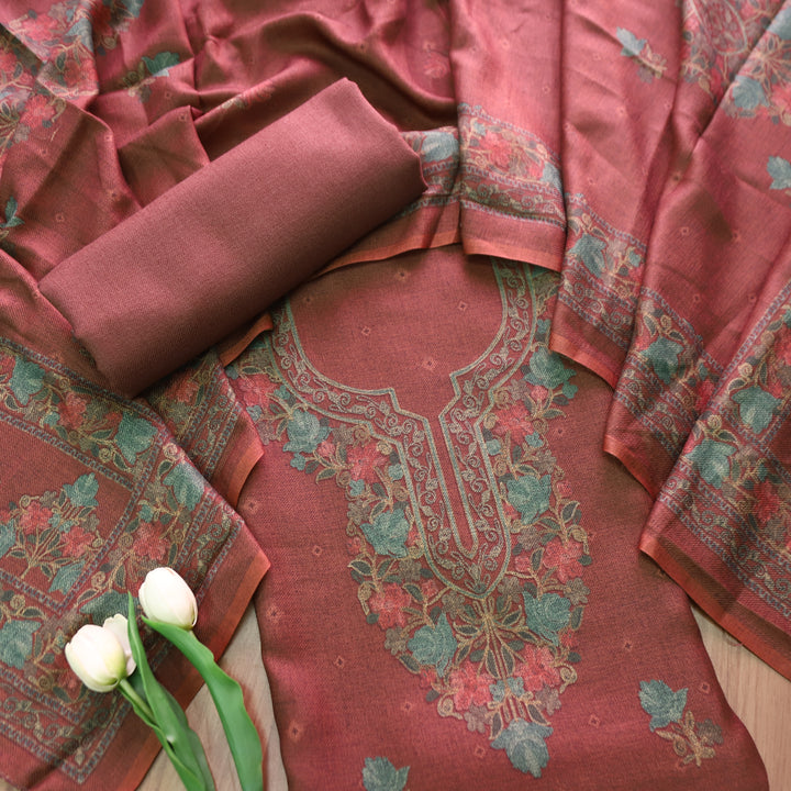 नखरीली Mahogany Mocha All Over Digital Kashida Printed Semi Pashmina Winter Set