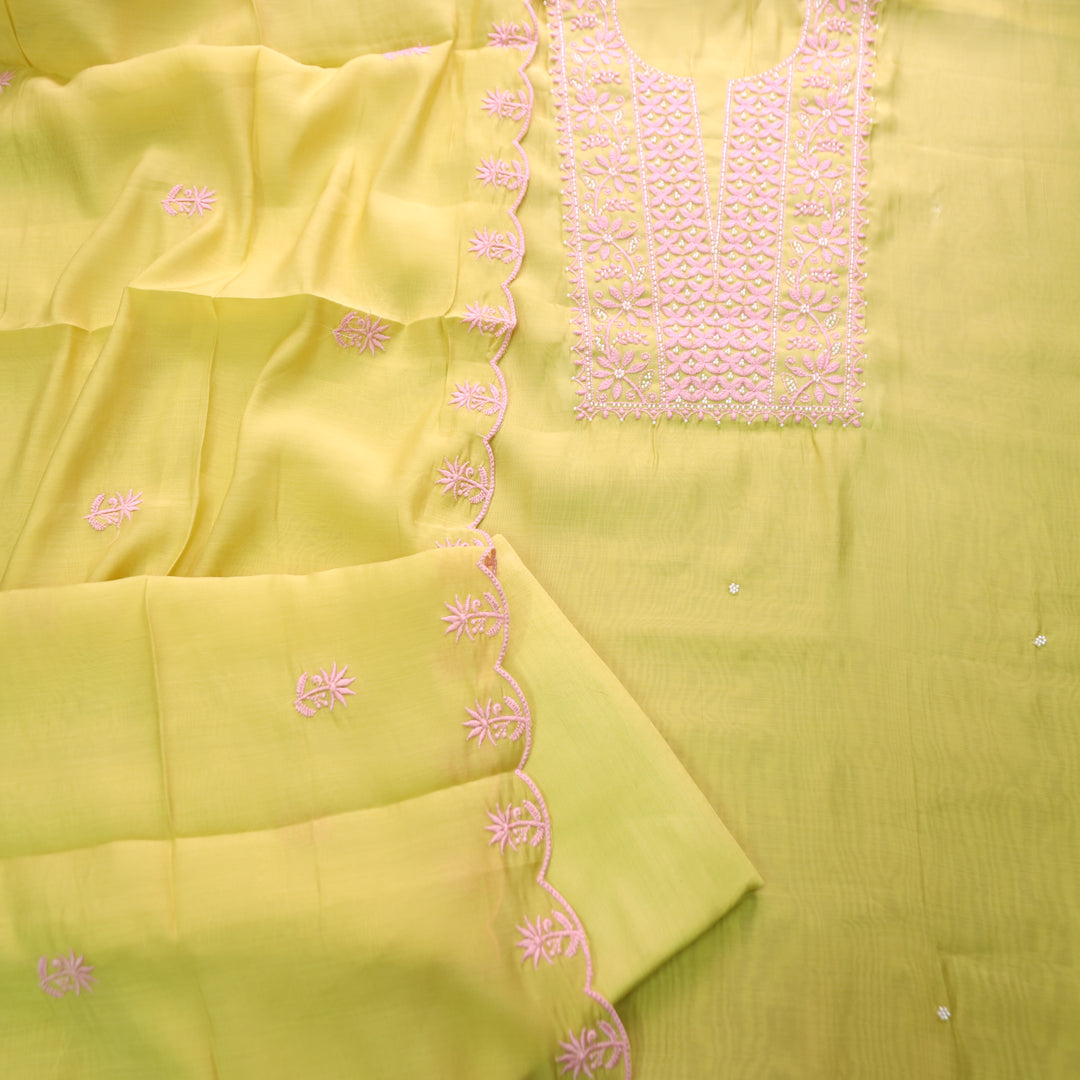 Mannat Butter Yellow Thread Embroidery Mul Chanderi Set