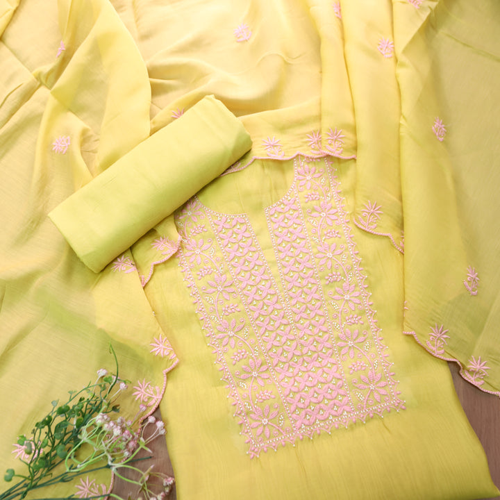 Mannat Butter Yellow Thread Embroidery Mul Chanderi Set