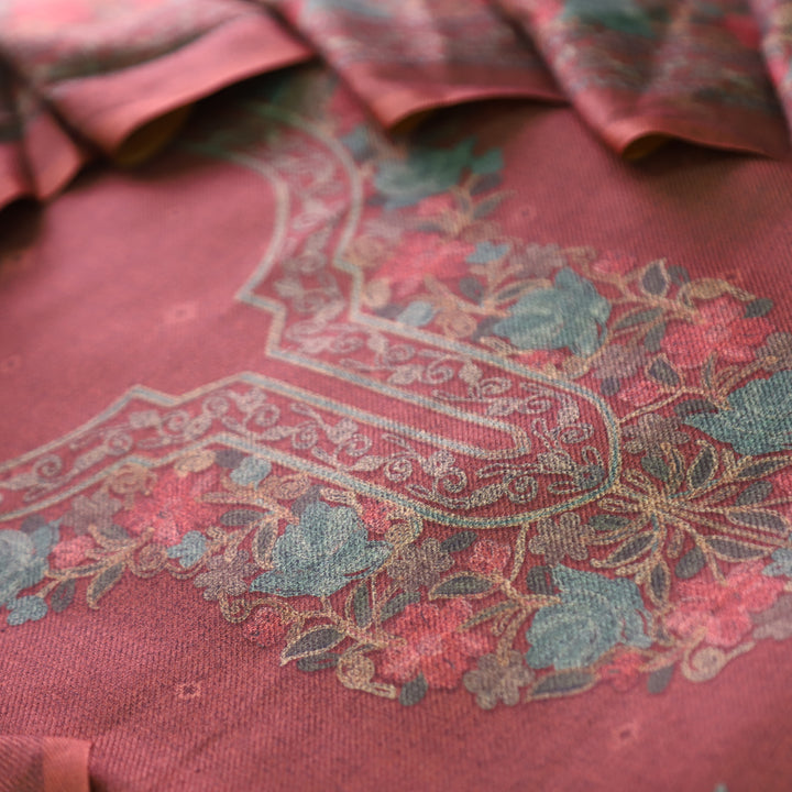 नखरीली Mahogany Mocha All Over Digital Kashida Printed Semi Pashmina Winter Set