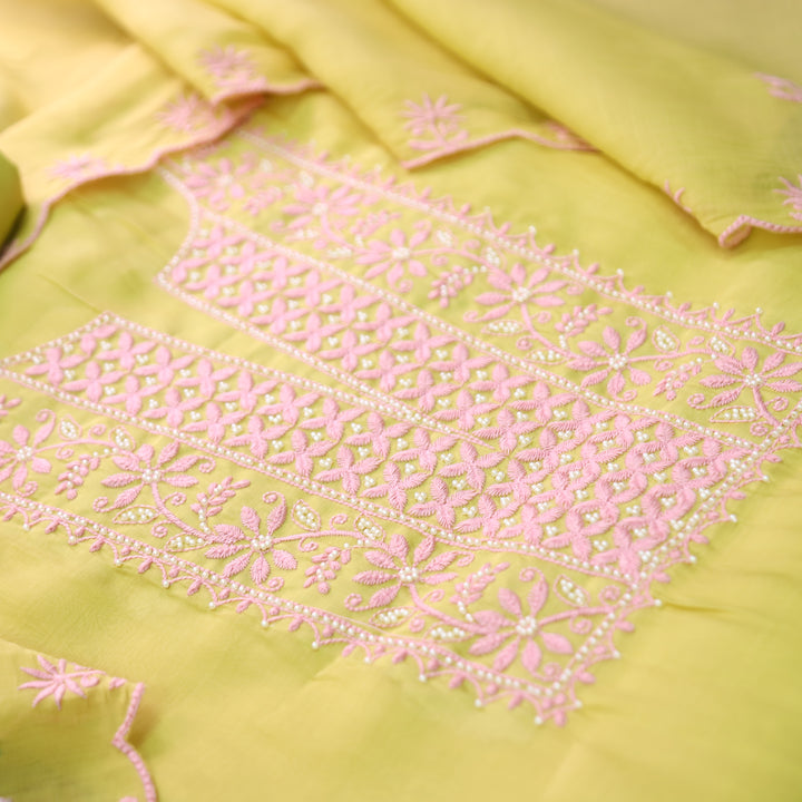 Mannat Butter Yellow Thread Embroidery Mul Chanderi Set