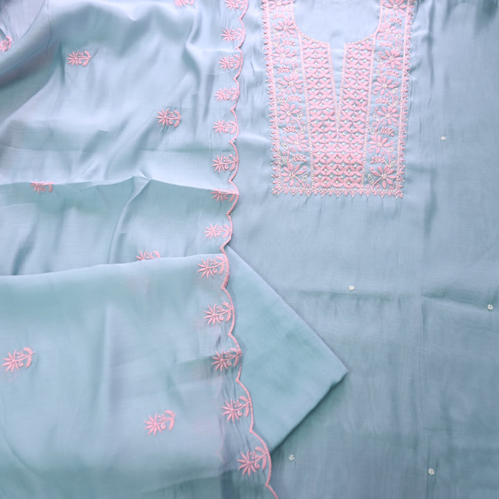 Mannat Powder Blue Thread Embroidery Mul Chanderi Set
