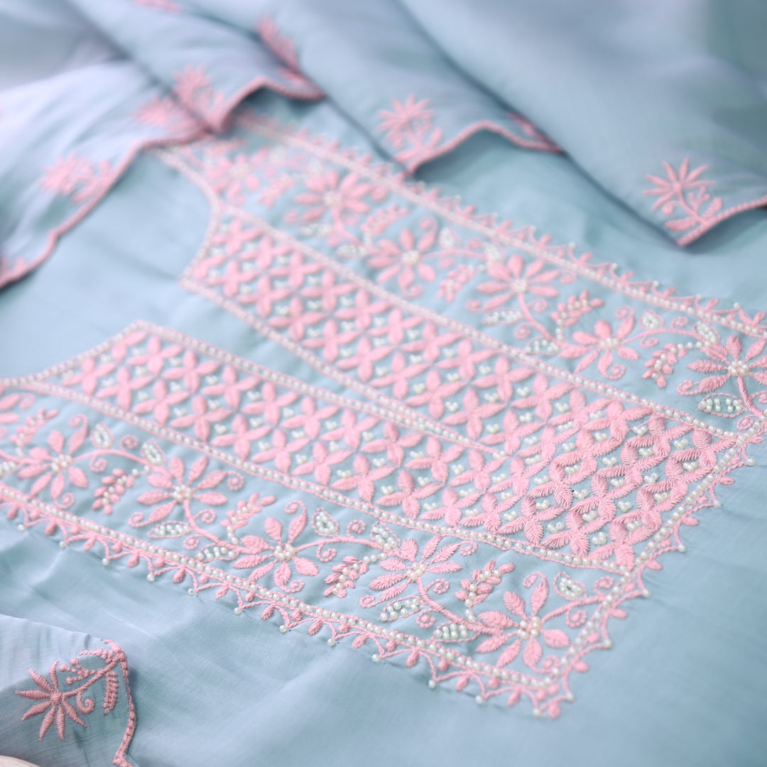 Mannat Powder Blue Thread Embroidery Mul Chanderi Set