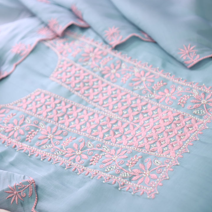 Mannat Powder Blue Thread Embroidery Mul Chanderi Set