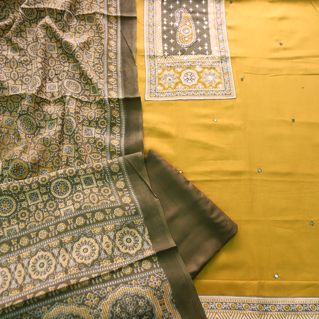 Patrani Canary Yellow Printed Yoke with Patra Work Glazed Cotton Suit Set