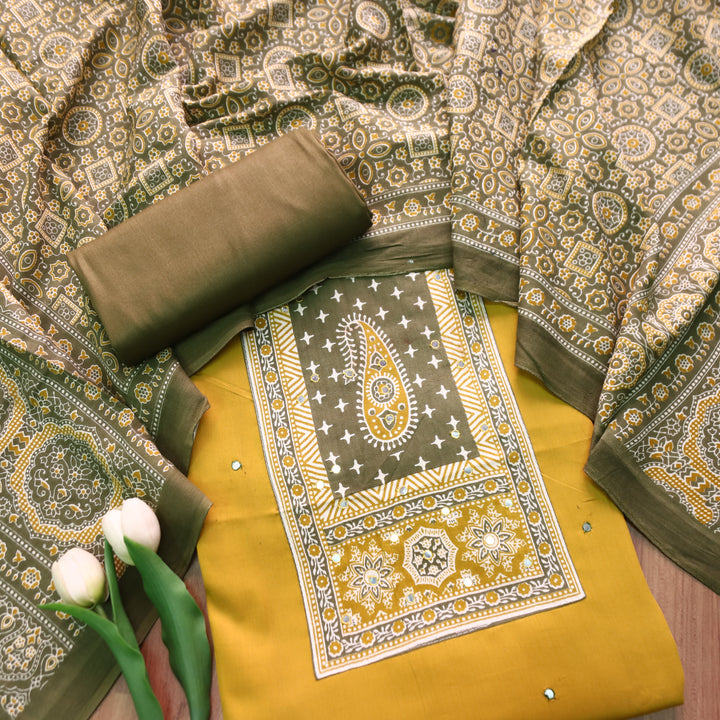 Patrani Canary Yellow Printed Yoke with Patra Work Glazed Cotton Suit Set