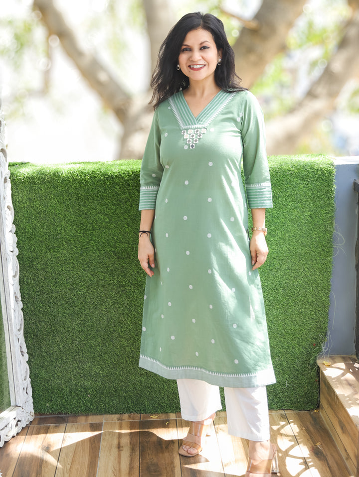 Julia Sage Green Mirror Weaved South Cotton Kurti