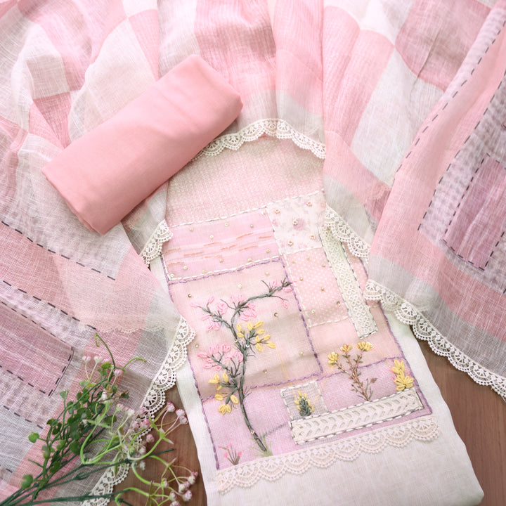 Prisha Shell White with Pink French Knot Yoke Jute Linen Set