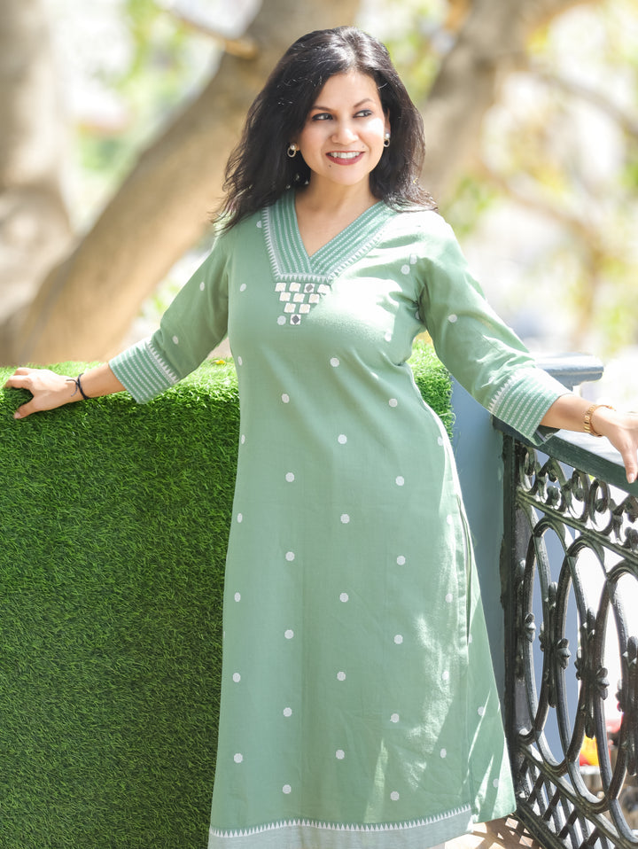 Julia Sage Green Mirror Weaved South Cotton Kurti