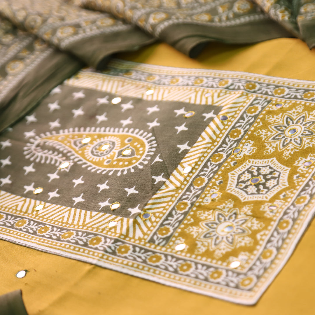 Patrani Canary Yellow Printed Yoke with Patra Work Glazed Cotton Suit Set