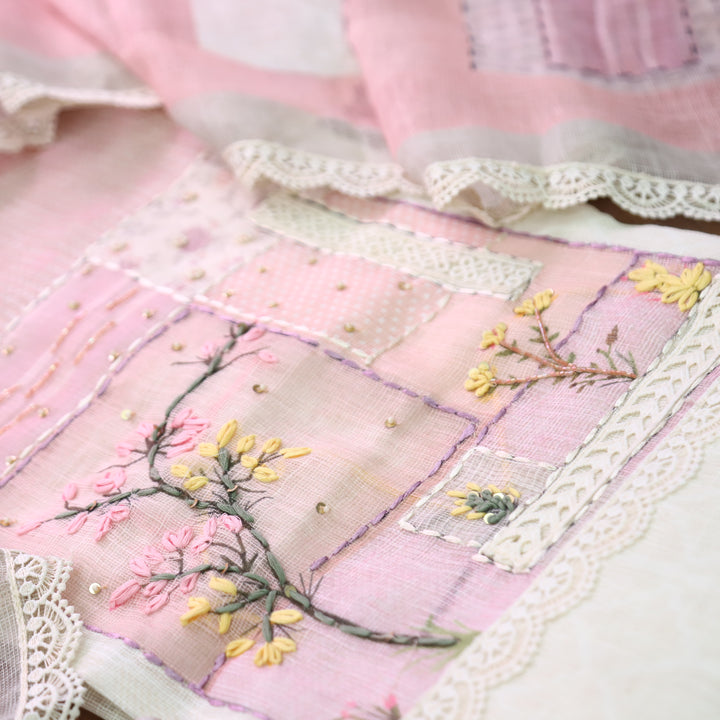 Prisha Shell White with Pink French Knot Yoke Jute Linen Set
