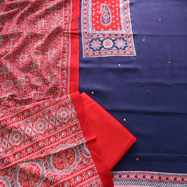 Patrani Denin Blue Printed Yoke with Patra Work Glazed Cotton Suit Set