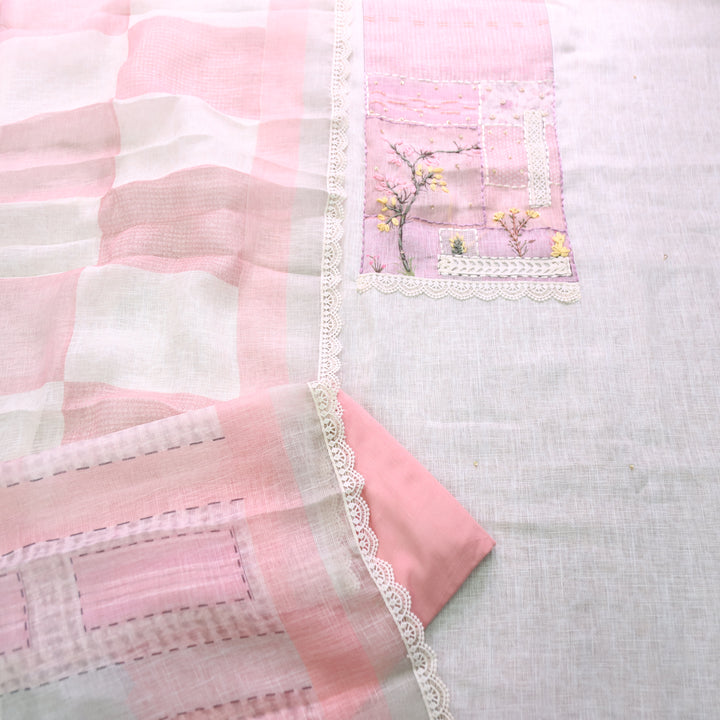 Prisha Shell White with Pink French Knot Yoke Jute Linen Set