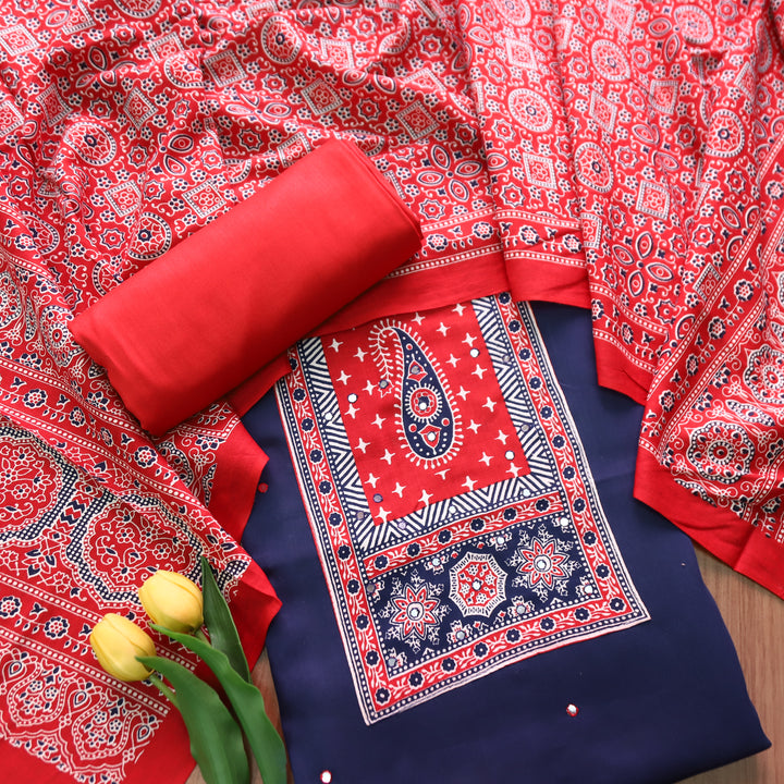 Patrani Denin Blue Printed Yoke with Patra Work Glazed Cotton Suit Set