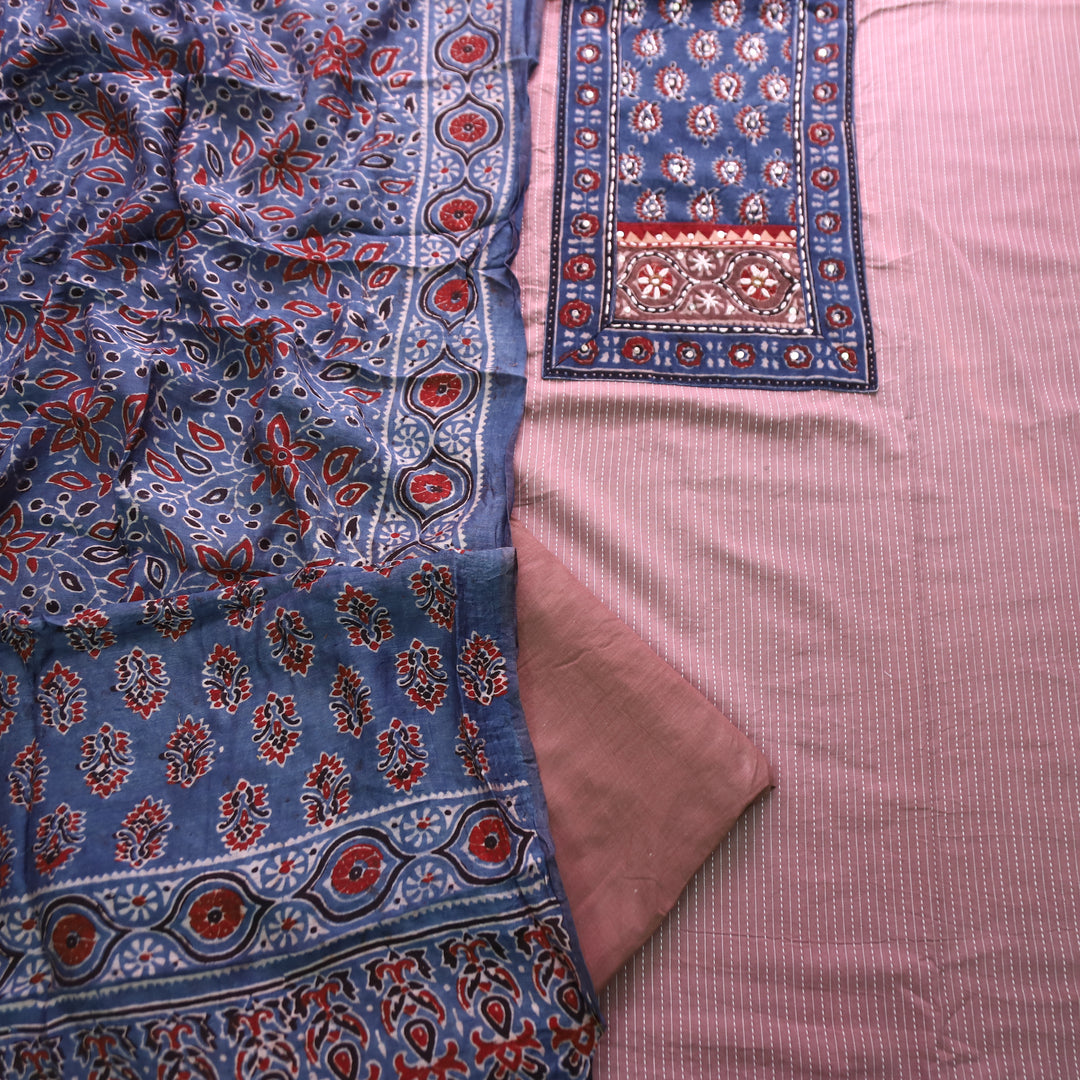 Surma Skin Mauve Ajrak Yoke with Running Stitch Cotton Set
