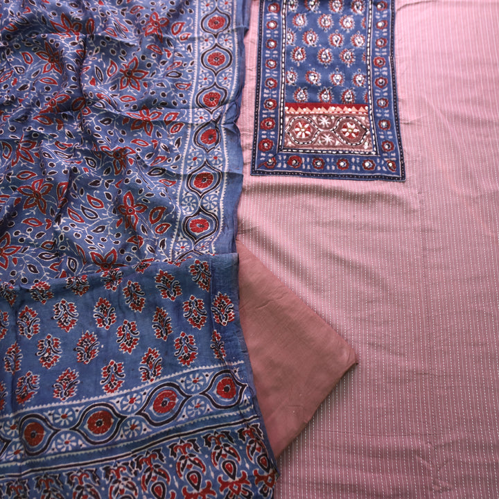 Surma Skin Mauve Ajrak Yoke with Running Stitch Cotton Set
