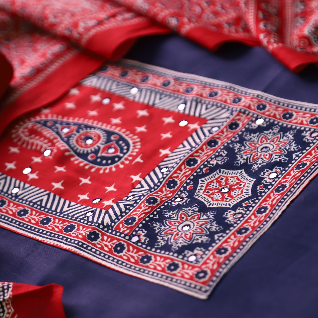 Patrani Denin Blue Printed Yoke with Patra Work Glazed Cotton Suit Set