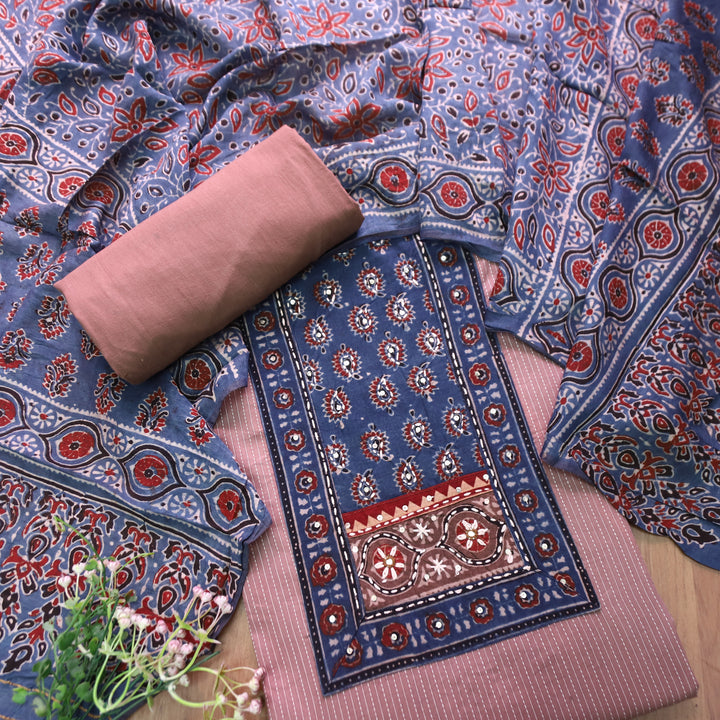 Surma Skin Mauve Ajrak Yoke with Running Stitch Cotton Set